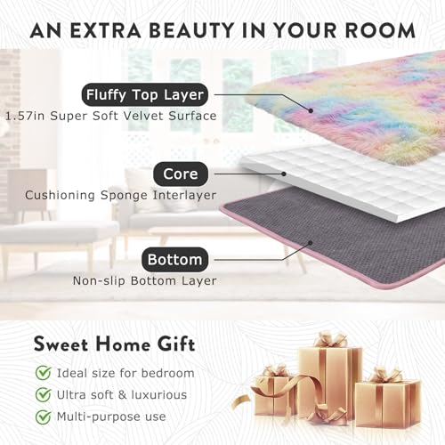 Fluffy Colorful Rainbow Rug 5 x 7, Plush Area Rugs for Bedroom Living Room, Large Fuzzy Carpet for Girls Kids Nursery Room Dorm, Non-Slip & Soft Shag Rug for Home Decor