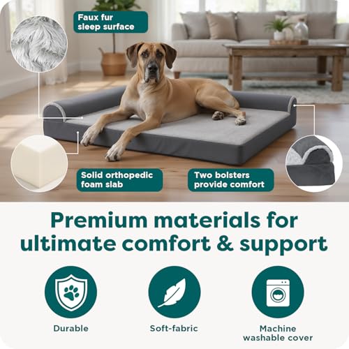 Image of Furhaven Orthopedic Dog Bed for Large Dogs w / Removable Bolsters & Washable Cover, For Dogs Up to 125 lbs - Plush & Velvet L Shaped Chaise - Sable Brown, Jumbo Plus /XXL
