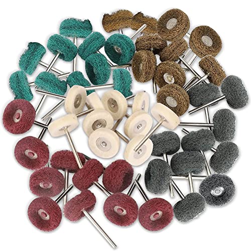 SUNJOYCO 50 Pcs 1 inch Abrasive Buffing Polishing Wheel set kit, Polishing kit for Rotary Tools Accessories, Buffing Wheels with 1/8''(3mm) Shank for Rust Metal Jewelry Wood Stone