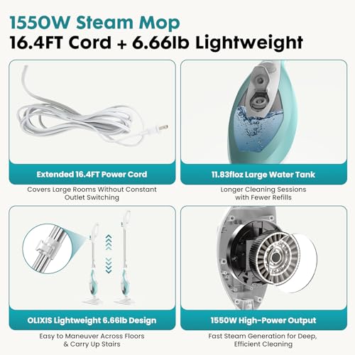 Image of OLIXIS 10 in 1 Steam Cleaner, Removable Handheld Steam Mop with 1550W for Floor Cleaning, 5m Cable, 2 Washable Ear Pads, Multifunction Wood Steamers