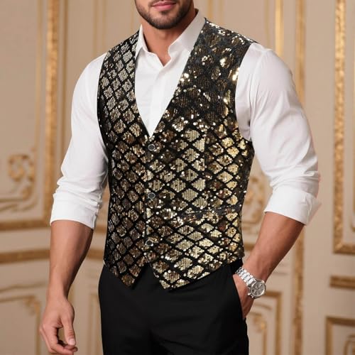 Men Trendy Sequins Suit Vest Formal V-neck Shiny Waistcoat Single Breasted Casual Regular Fit Prom Party Tuxedo Vests2