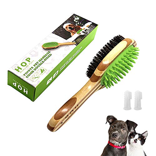 Barley Ears Dog Bathing Brush for Grooming and Massaging, Bicolor Soft Bristle Double Sided Pin & Bristle Brush with Hangable Nature Bamboo Brush Handle