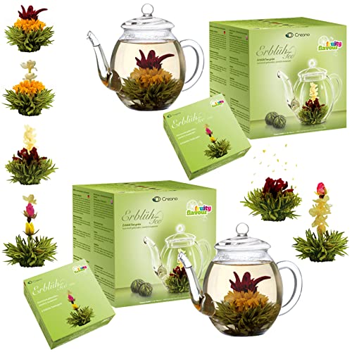 Creano 2x Teeblumen Geschenkset - Erblühtee Grüntee mit 2x 500ml Glaskanne & 12x grüner Tee - Sparpreis-Set