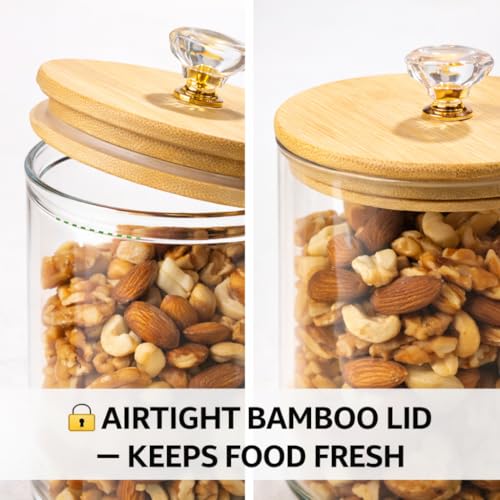 Image of 850ml Glass Storage Jar Set of 3 with Bamboo Stand & Wooden Lids | Airtight Kitchen Containers for Cookies, Dry Fruits, Snacks, Tea, Coffee | Countertop Organizer