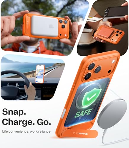 Image of TORRAS Strong Magnetic & Seamless Stand for iPhone 17 Pro Case, Neon Orange | Fit for MagSafe, Adjustable Kickstand, Shockproof Case for iPhone 17 Pro Phone Case with Kickstand, Slim, Translucent