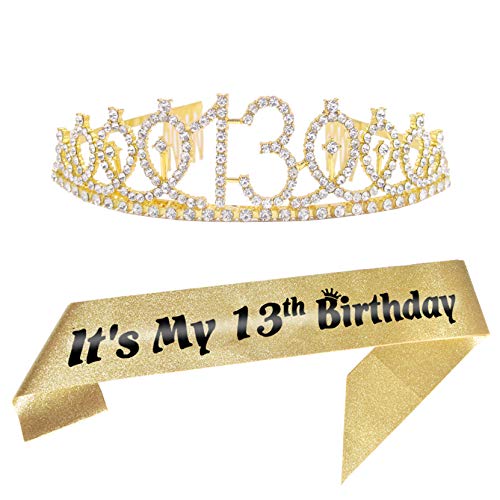 13th Gold Birthday Tiara and Sash Happy 13th Birthday Party Supplies 13th Gold Birthday Glitter Satin Sash and Crystal Tiara Princess Birthday Crown for Girls 13th Birthday Party Decorations