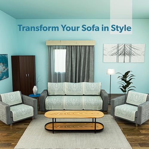 Image of Kuber Industries Cotton (Set of 10) Decorative Sofa Cover 5 Seater for Living Room | Durable Sofa Cover Protector for Home, Living Room & Office | Floral Design - Aqua & White