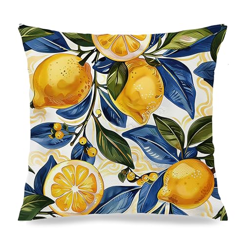 Image of Boho Summer Lemon Pillow Cover 18x18 Double-Sided,Italian Lemon Home Decor,Cottagecore Blue and Yellow Fruit Botanical Decorative Lumber Throw Pillow Cover for Home Bedroom Living Room