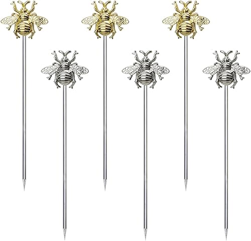 Miniatura 1 de LD-YUNJIA 6 palillos de cóctel de abejas para bebidas, palillos de frutas de acero inoxidable, palillos de dientes reutilizables para bar, barbacoa,