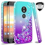 Moto E5 Play Case, Moto E5 Cruise Case (Not Fit Moto E5) with Tempered Glass Screen Protector for Girls Women, LeYi Glitter Cute Moving Quicksand Liquid Phone Case for Motorola E5 Play ZX Teal/Purple