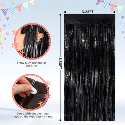 Image of GCB 2Pack Black Metallic Tinsel Foil Fringe Curtains, Black Foil Curtain Backdrop, Photo Booth Props for Birthday Wedding Baby Shower Bachelorette Xmas Celebration Party Decorations Door Streamers