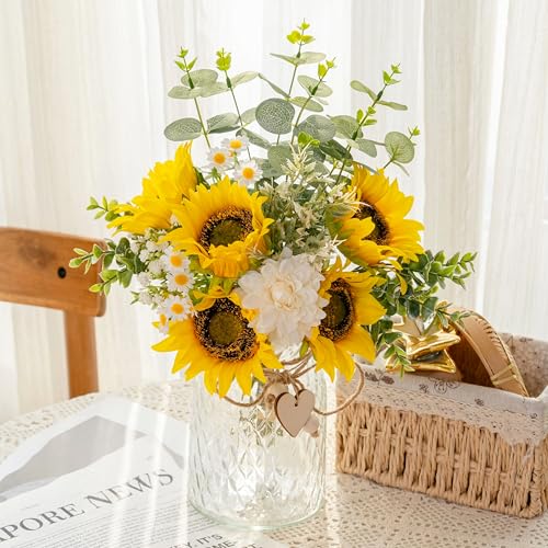 Donmills Artificia Flowers with Vase - Silk Fake Sunflower and White Dahlia Arrangement in Vase Suitable for Home Spring Decor Office Decoration Dining Coffee Table Centerpiece Kitchen Bathroom