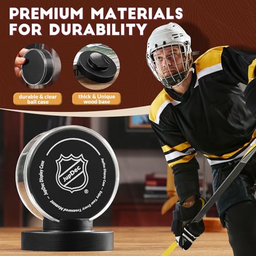 Image of JupDec Hockey Puck Display Case Acrylic Clear Holder with Wood Base, Autograph Souvenir Display Stand, Perfect Showcase for Your Collection, Black, 1 Pack