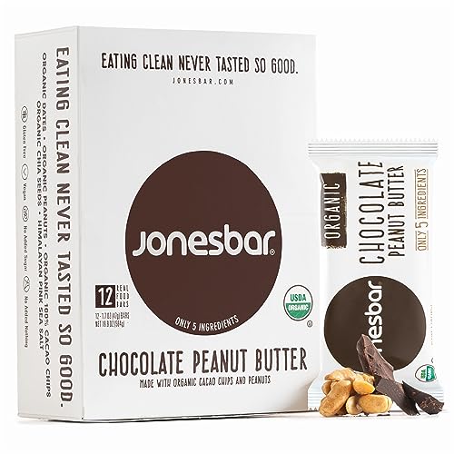 JONESBAR USDA Organic Fruit & Nut Bar, Non-GMO, Kosher, Vegan, Gluten Free, Simple Snack Bar (Chocolate Peanut Butter, 12 Count (Pack of 1))