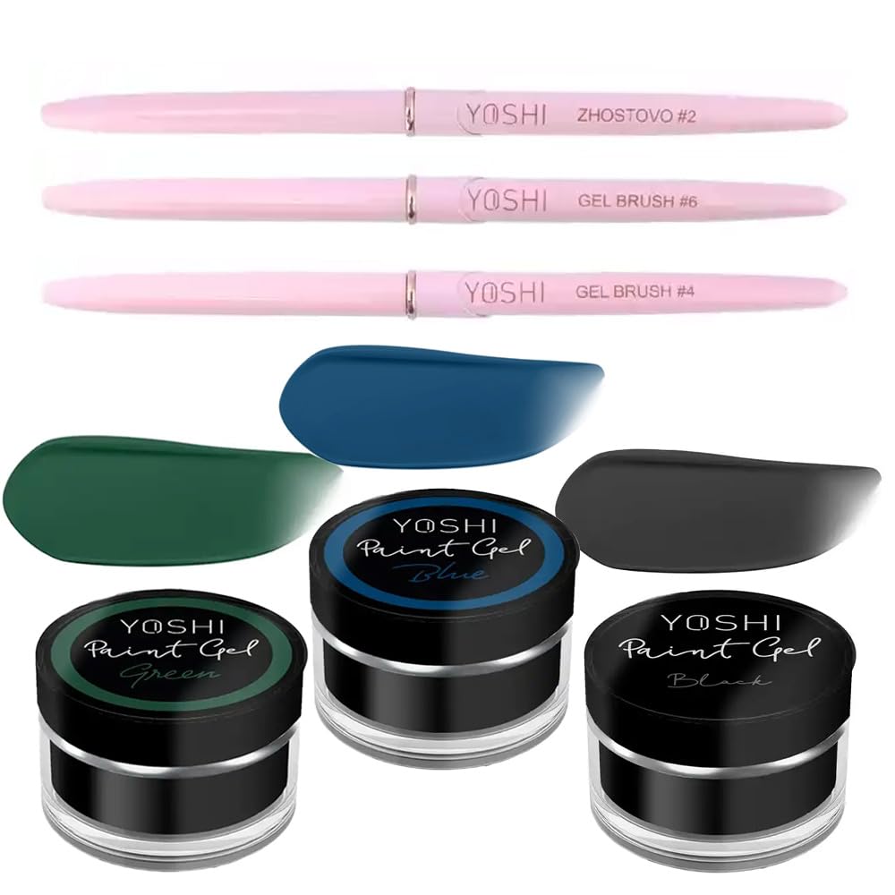Yoshi - Set per nail art, colore nero, verde, blu e pennello in gel di alta qualità e pennello Zhostovo, perfetto per nail art creativa
