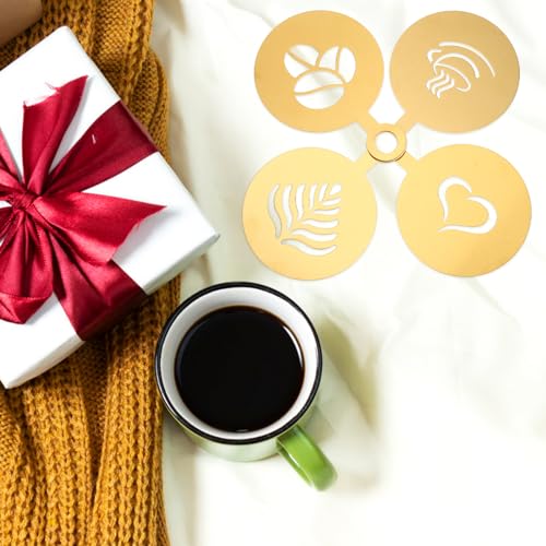 4pcs Golden Practical Latte Stainless Steel Reusable Stencils Mould Sugar DIY Baking Art Gold Decorating Cake Milk Cappuccino Templates Painting Tool Sieve Pattern Coffee Store