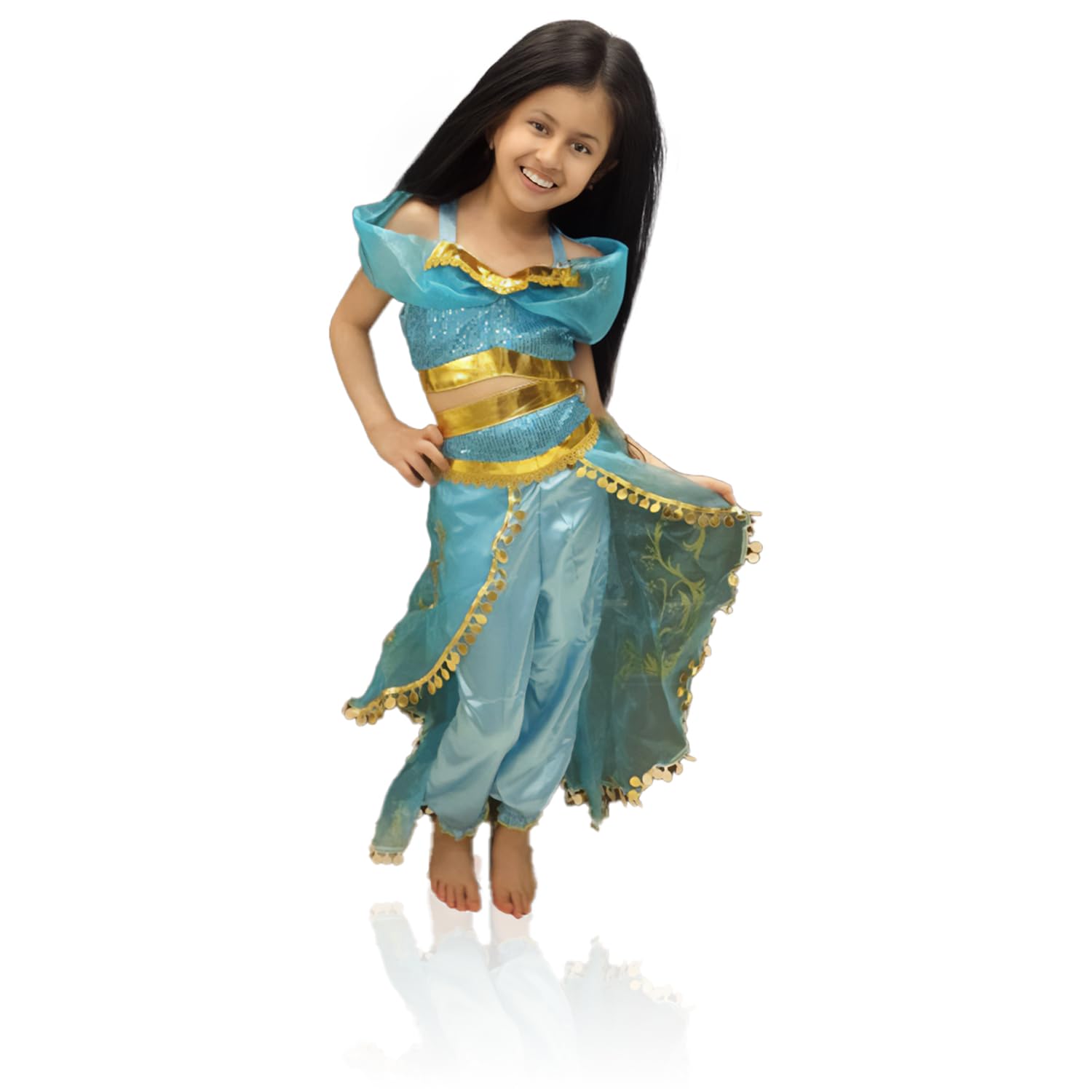 Fitto Princess Jasmine Costume, Green Turquoise 2 Pieces Costume With Crop Top And Pants For Imaginative Play
