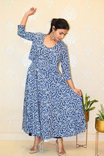 Image of JAIPUR HAND BLOCK Cotton Sleeveless Long Flared A Line Dress|Gown (S00063)
