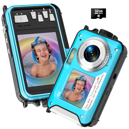 4K Underwater Camera 64MP Autofocus 16FT Waterproof Camera Dual-Screen Selfie 16X Underwater Camera for Snorkeling Waterproof Compact Floatable Digital Camera with 32GB Card