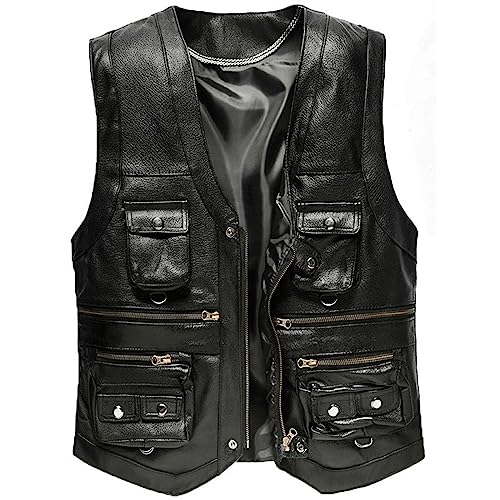 Kelsiop Men's Leather Vest First Layer Cowhide Vest Stylish Multi-Pocket V-Neck Vest4