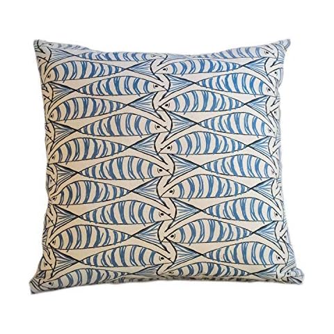 Seaside Fish Nautical Double Sided Cushion Cover. Sardine Design. Navy indigo blue fish against a white background. 17" x 17" Square Cover