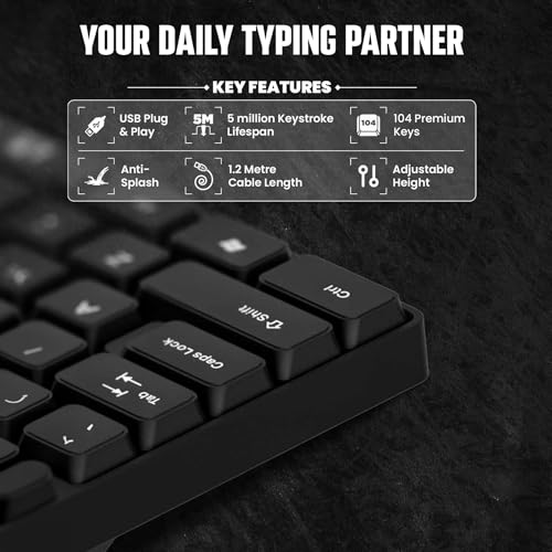 Image of Intex Rise Wired Keyboard (Corona S IT-KB333) | USB Plug & Play | 104 Premium Keys | 5 Million Keystroke Lifespan | Anti-Splash Design | Adjustable Height | 1.2 Meter Cable Length | Black
