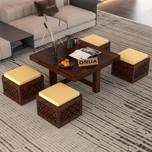 Image of ONIJA Solid Sheesham Wood Coffee Table with 4 Stools | Rosewood Centre Table with Cushioned Stool for Living Room (CNC,Walnut Finish)