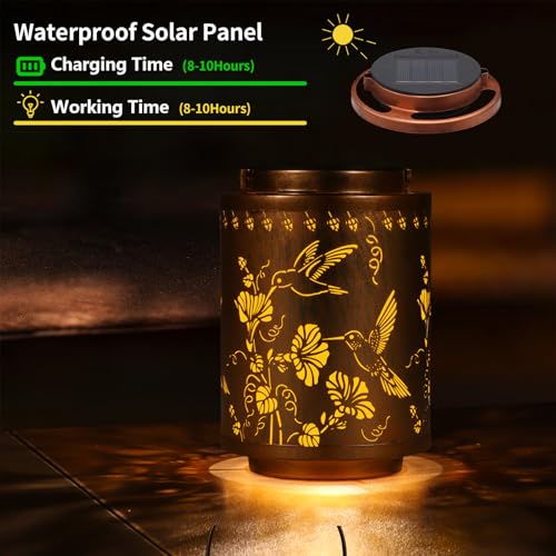Image of 2 Pack Solar Lanterns Outdoor Waterproof Garden Decor Birthday Gifts for Women Mon Grandma Metal Hanging Solar Lights Decoration for Outside LED Lanterns for Yard Patio(Hummingbirds)