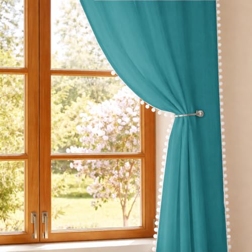 Image of HOMEMONDE Sheer 10 Feet Curtains with Decorative Side Border Pompom Curtain for Long Door, Linen Textured Light Filtering, Rod Pocket, 1 Piece - (304 CM, Blue)