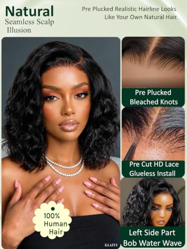Image of KLAIYI Side Part Bob Water Wave Glueless 6x4 Lace Front Wigs Human Hair 14 inch