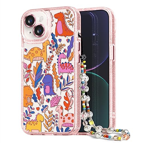 Image of Designed for iPhone 14 Case Pink Glitter Clear - Cute Bling Phone Case with Wrist Strap - Aesthetic Y2K Case for Woman, Girl 6.1 inch (Dinosaur)