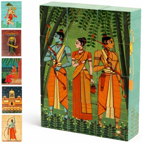Image of 3D Wooden Toys for Kids 3-8 Yrs | 6 Puzzles in 1 Toy + 30 Activities | 12 Natual Wooden Puzzles for Kids with Activity Book | Indian Folk Art Wooden Blocks | Ramayana Theme