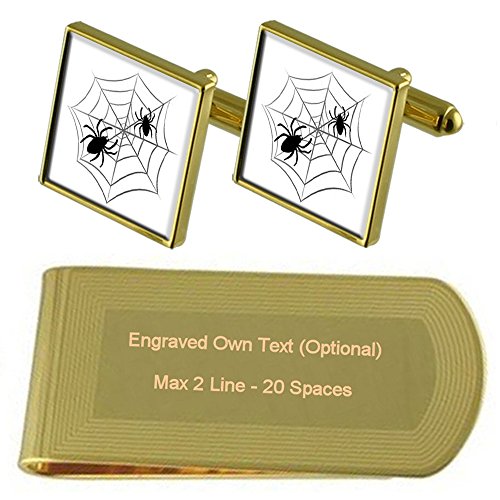 Gemelos de tono oro con diseño de telaraña y pasacorbatas elegante