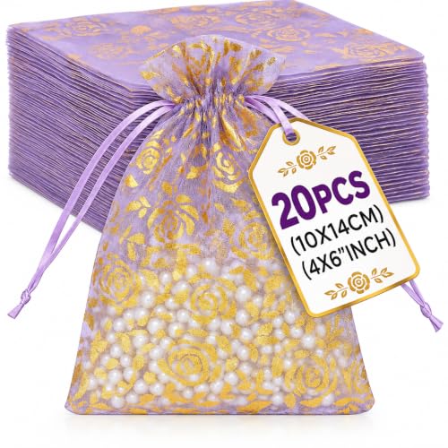 Image of XCLUSY 20PCS (10X14CM)(4x6 inchINCH) Potli Bags for Gifting - Multipurpose Wedding Return Gift Bags | Party Favour, Birthday, Anniversary, Festive Packing Pouches | Organza, Cloth, Brocade, Fancy Luxury Goodie Bags (PURPLE PRINTED, 1 Count(Pack of 20))