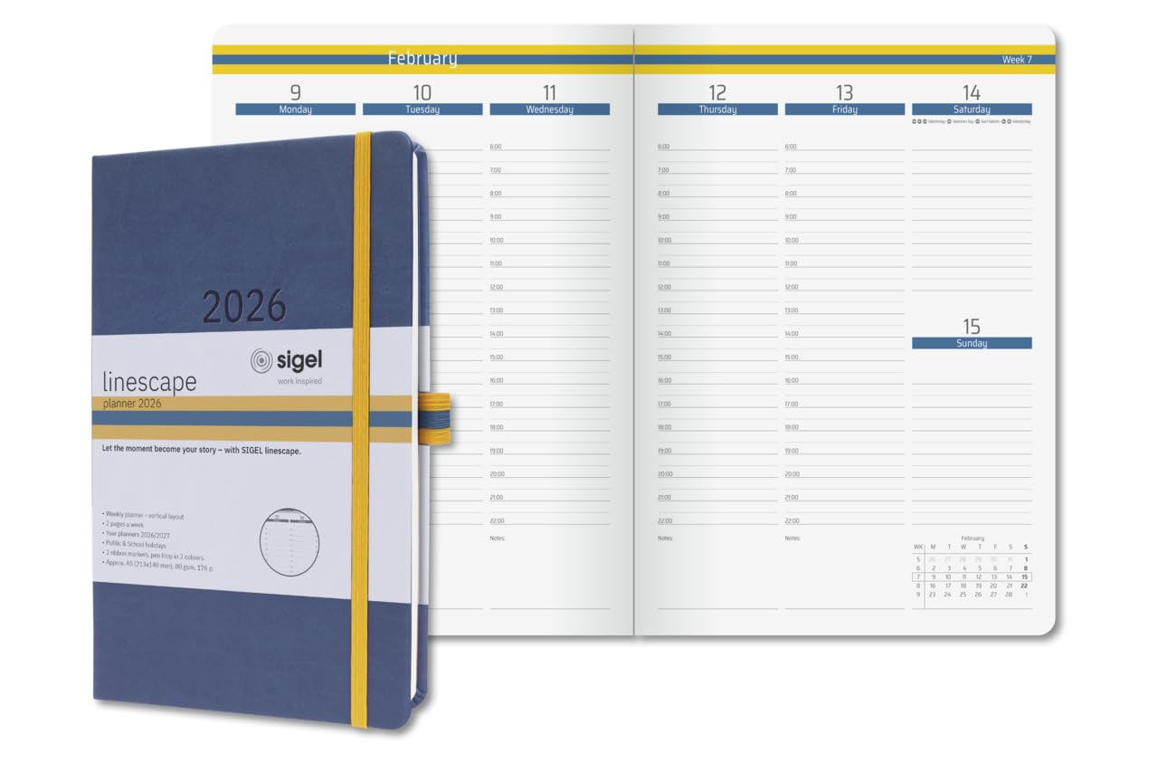 SIGEL L2602 Weekly planner Linescape 2026 EN - 53 weeks - approx. A5 - blue/yellow - 2 pages = 1 week - hardcover - 80 gsm - 176 p. - FSC-certified