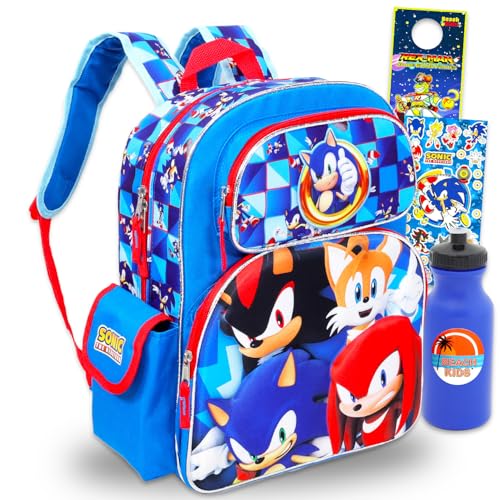 Sonic the Hedgehog Backpack Set - Bundle with Deluxe 16" Sonic Backpack Featuring Tails, Knuckles, Shadow Plus Stickers, Water Bottle, More | Sonic and Friends Backpack for Boys