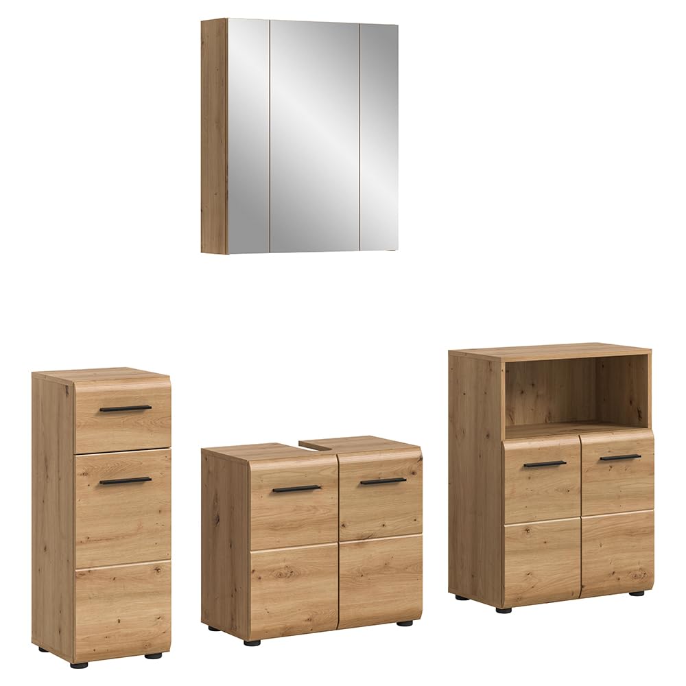 Lomadox Badezimmer Badmöbel-Set 4-teilig in Eiche, mit 2 Unterschränke, 1 Spiegelschrank mit 3D-Funktion & 1 Waschbeckenschrank