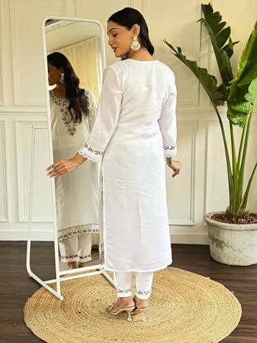 Image of Shiv Textiles Women's Chanderi Silk Embroidered Kurta Pant Dupatta Set(JDA-FALGUNI-WHITE-2XL)