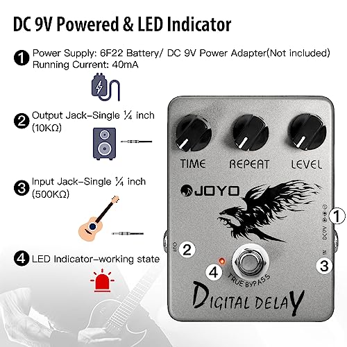 Image of JOYO Digital Delay Guitar Pedal, Analog-Voiced with Special Filter Circuit, 25-600ms for Electric Guitar & Bass, True Bypass (JF-08)