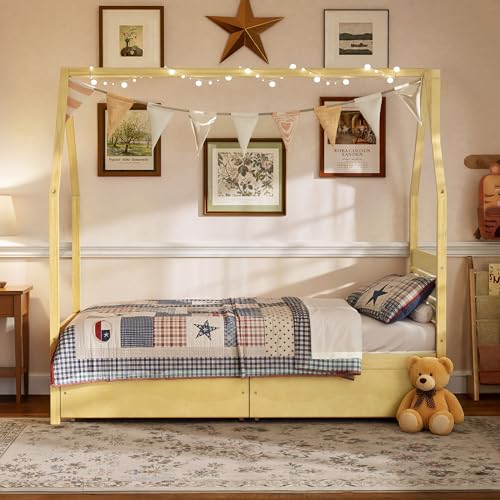 Image of Twin Size House-Shape Platform Bed with Headboard and 2 Storage Drawers, Montessori Wood Bed Frame with Roof and Chimney Design, No Box Spring Needed, Easy Assembly (Natural-06, Twin)