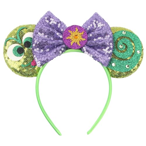 zhezesmila Mouse Ears Headbands for Women Shiny Bows Green Chameleon Costume Hair Accessories for Birthday Party Theme Park