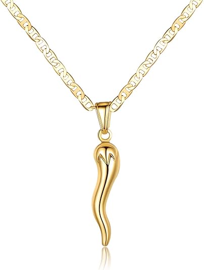 Barzel 18K Gold Plated Flat Marina Chain With Italian Horn Necklace Cornicello - Made In Brazil