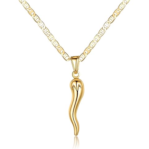 Barzel 18K Gold Plated Flat Marina Chain With Italian Horn Necklace Cornicello - Made In Brazil