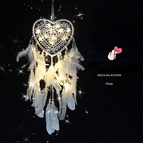 Skreened Christmas Lights,Fashion Handmade LED Light Dream Catcher with Feather Love Heart Dream Catcher Night Light Home Bedside Wall Hanging Home Party Wedding Decoration Gift (White)