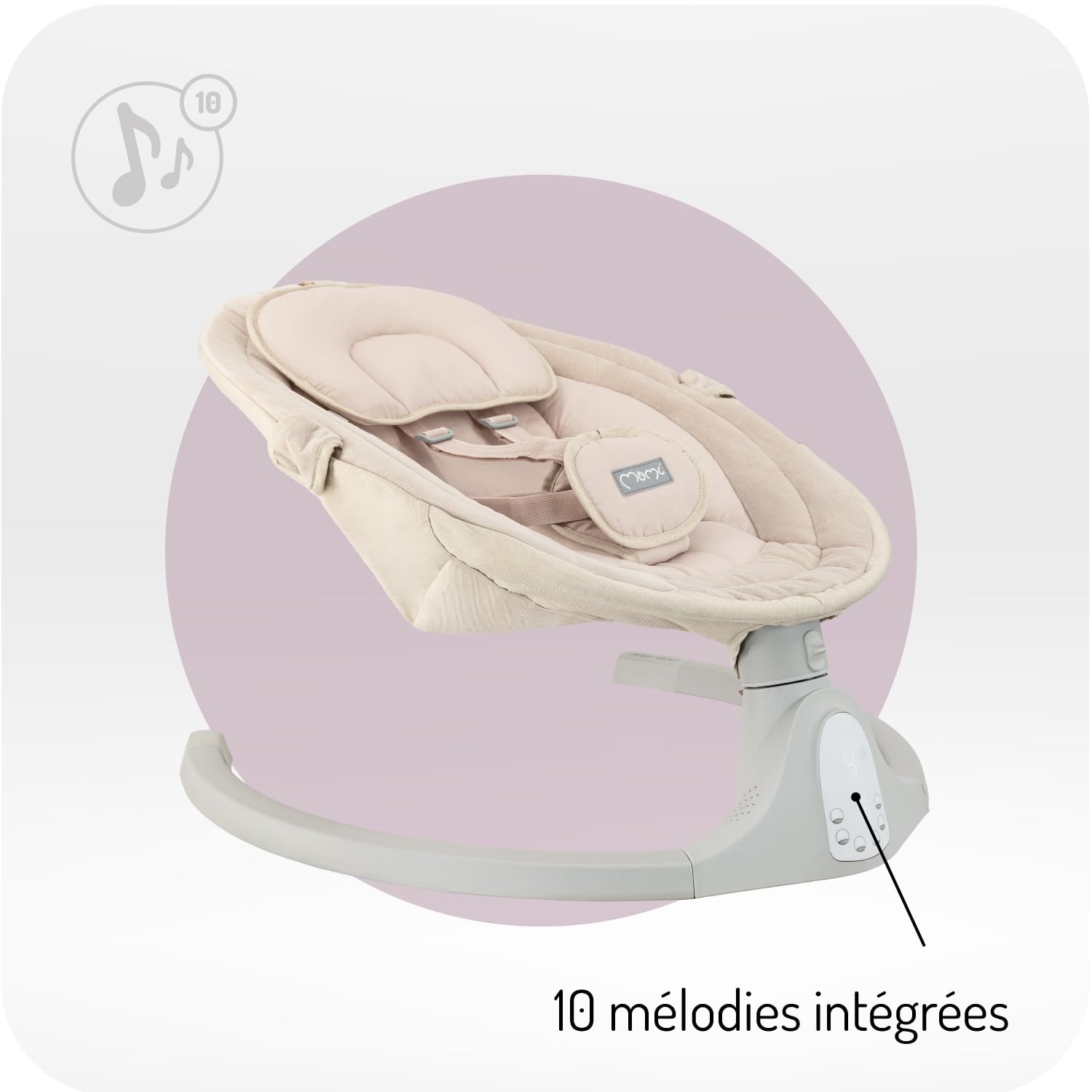 Balancelle MoMi KENANI SAND jusqu'à 9 kg, écran LED, télécommande, Bluetooth pour smartphone, alimentation piles/secteur, harnais de sécurité 5 points, arche et jouets
