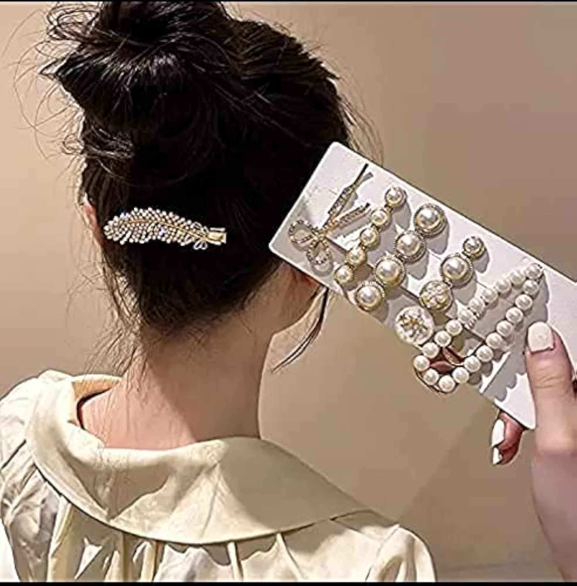 6pc Feather Pearl Hair Clip Set, White Stone