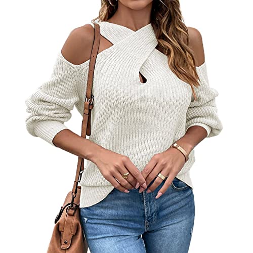 KBREE Pull décontracté en tricot pour femme avec épaules dénudées et col en V croisé et manches longues, Beige, S