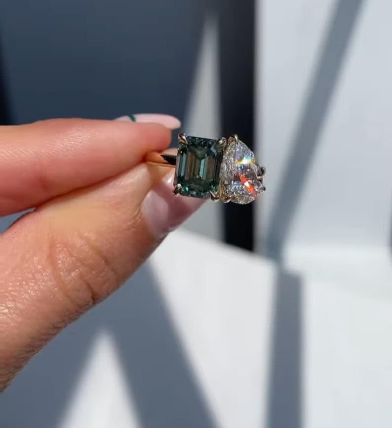 Vintage Toi Et Moi Engagement Ring, Tourmaline Moissanite Promise Ring, Engagement Jewelry, Two Stone Rings, Moi Et Toi Rings Gift for Her • SE1243