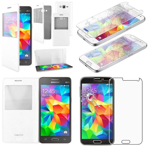ebestStar - Coque Compatible avec Samsung Grand Prime Galaxy G530F, Value Edition G531F Etui Slim Housse Portefeuille Fenêtre View, Blanc + Verre Trempé...