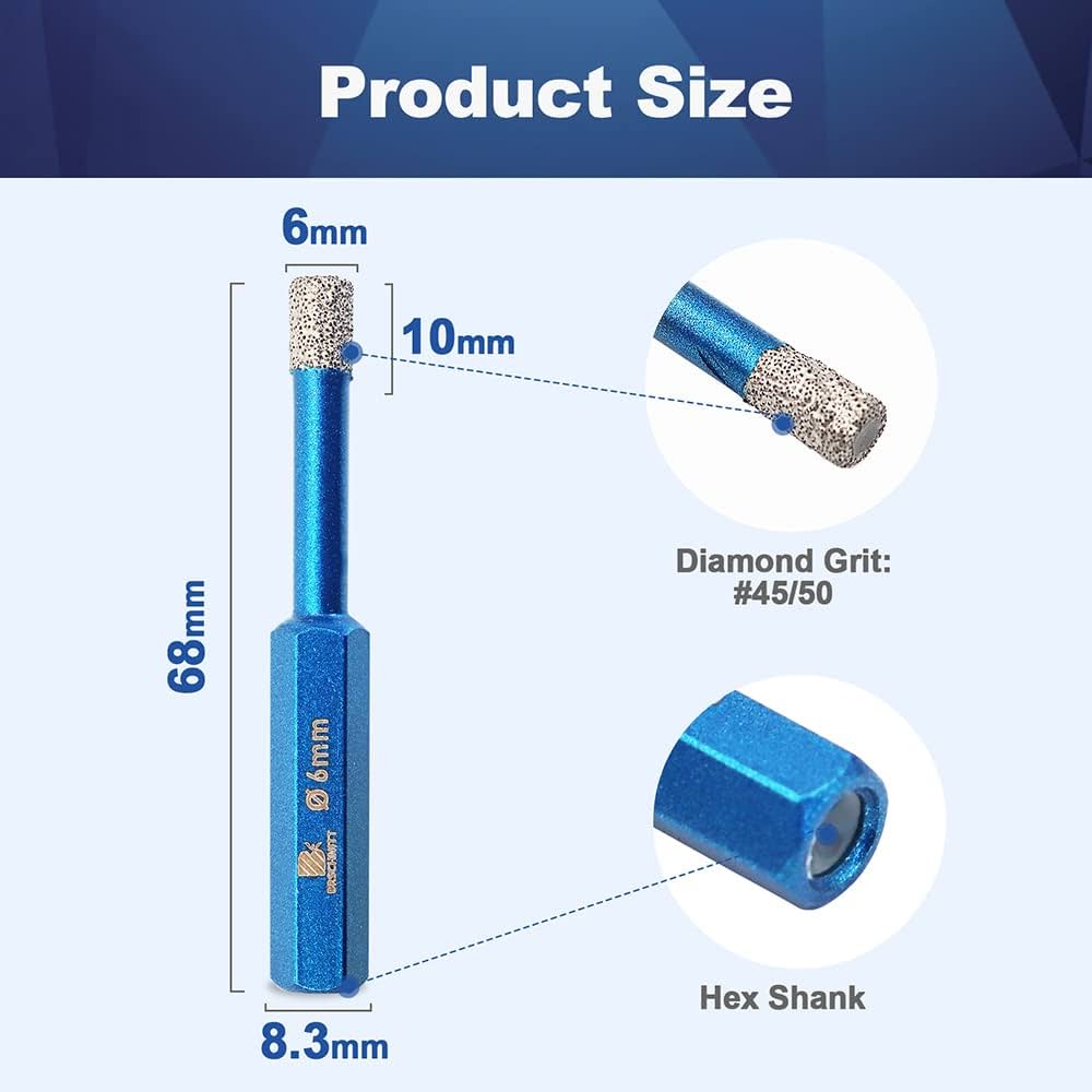 Diamantboor 6 mm, BRSCHNITT 5 stuks diamantgatzaagboor voor porseleinen tegels, keramiek, steen, graniet, marmer, zeskantige schacht, droogboren, diamantkernboorset